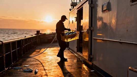 夕阳下渔船甲板上的渔民作业
