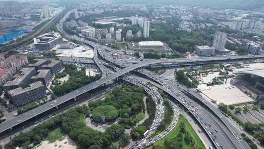 江苏南京城市高架桥拥堵交通玄武湖航拍