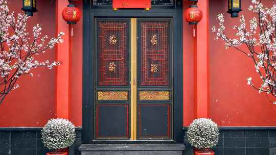 新春朱门红墙灯笼 雪映梅花古韵宫殿古风