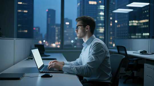 商务男士电脑办公加班科技工作场景