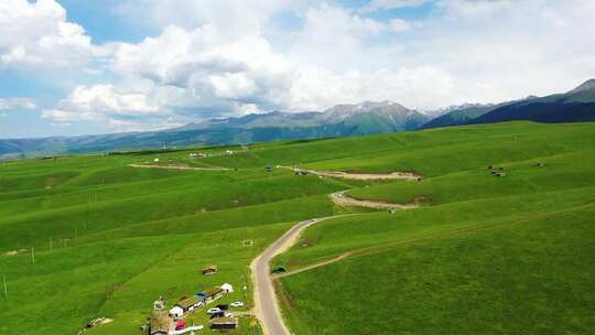 草原牧区公路，绿色草场连片起伏