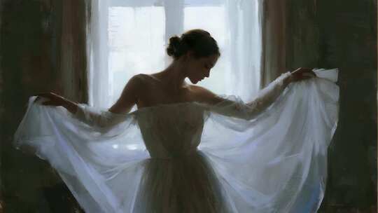 窗边女子展示白色纱裙姿态