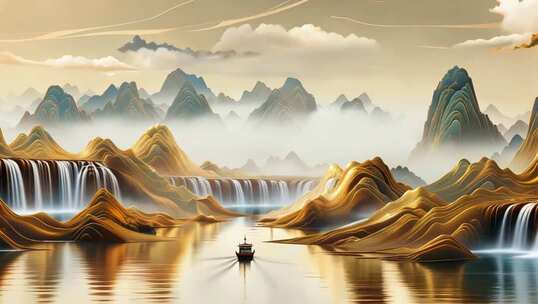 中式山水风景插画素材