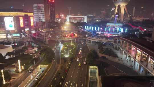 上海夜景航拍东方明珠陆家嘴环岛世纪大道浦