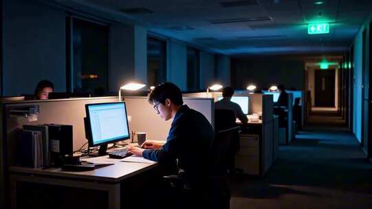 办公室员工夜晚电脑前工作
