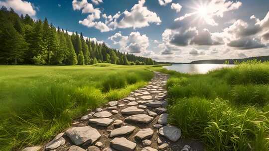 湖边草地林间石子路风景