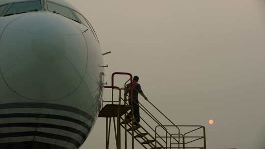 武汉地拍顺丰航空飞机空镜地勤工作人员夕阳