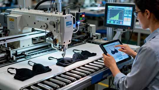 女工操作内衣生产机器