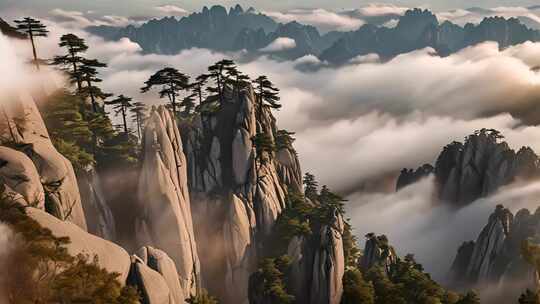 山峰云海松树全景