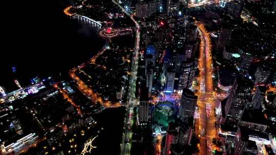 中国山东青岛城市夜景灯光秀航拍鸟瞰