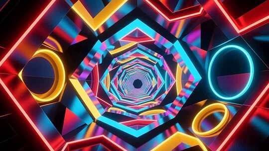 几何建筑空间抽象艺术浪漫梦幻霓虹隧道4K