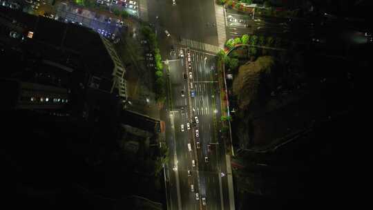 山东菏泽城市夜景交通车辆行驶航拍