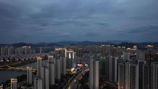 江西宜春城市夜幕降临晚霞夜景航拍