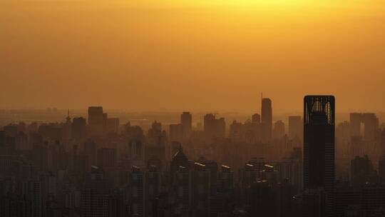 航拍上海高楼大厦夕阳西下长焦城市剪影