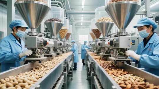 工厂工人操作坚果食品加工生产流水线