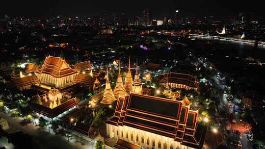 原创 泰国曼谷大皇宫卧佛寺城市航拍夜景