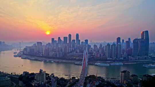 重庆渝中区城市日落航拍