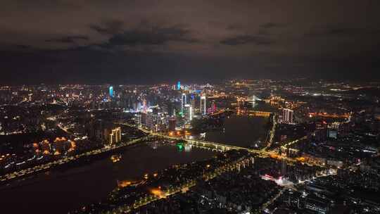 航拍福州闽江两岸风光夜景城市夜晚高空风景