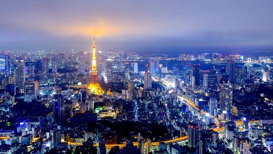 日本东京城市天际线高空延时航拍