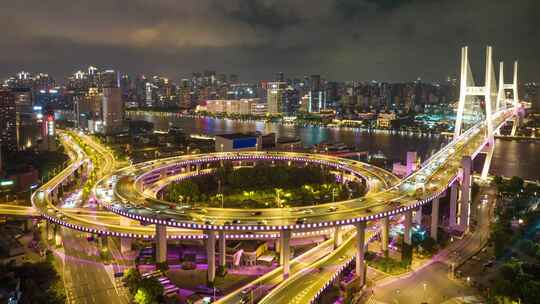 航拍大范围延时上海南浦大桥夜景车流