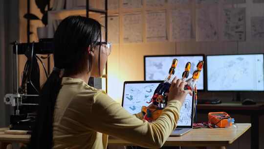 十几岁的亚洲女孩在家里的笔记本电脑上设计时组装电子手的后视图