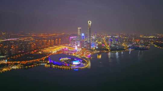 江苏苏州金鸡湖东方之门CBD日落夜景航拍