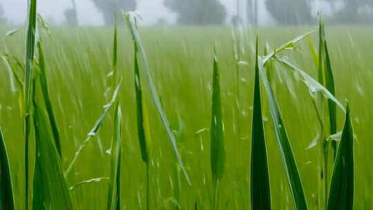 大雨和强风席卷稻田