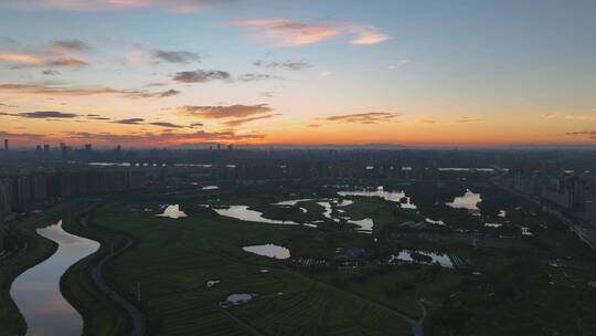 航拍长沙洋湖湿地公园日出