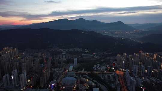 福建龙岩城市夜幕降临晚霞夜景灯光航拍