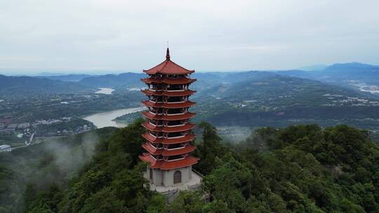 航拍重庆北碚缙云山国家级森林保护区观景塔