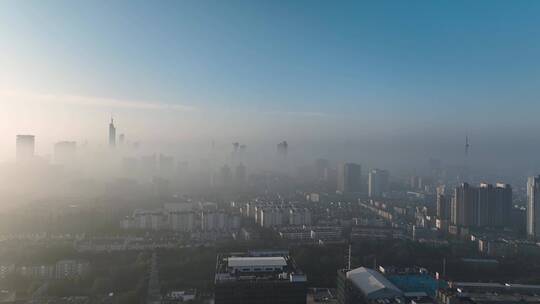 航拍日出平流雾下的南京城市风光