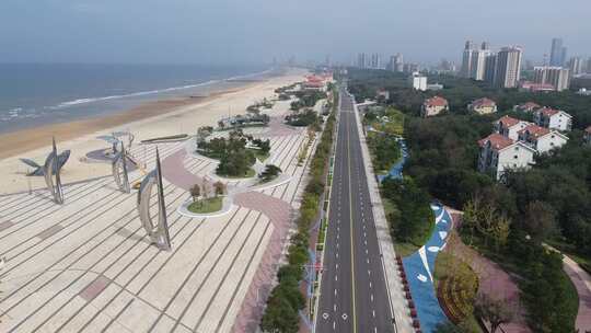 航拍山东烟台沿海城市海岸线城市风光