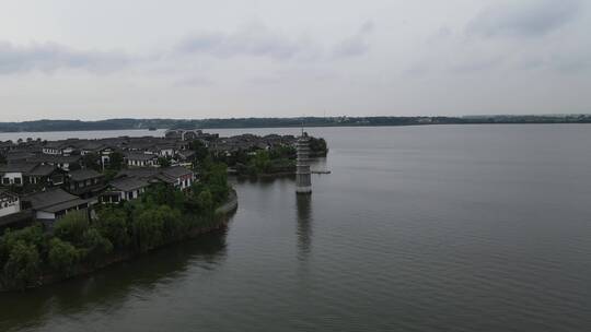 航拍湖南湘阴洋沙湖国际旅游度假区渔窑小镇