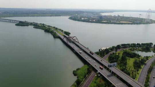 航拍湖南常德柳叶湖大桥柳叶湖景区