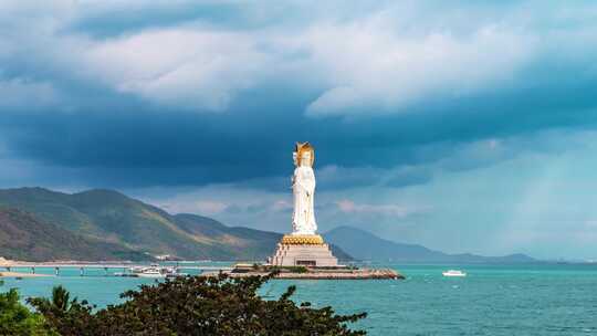 海南三亚南山寺航拍海上观音蔚蓝色天空