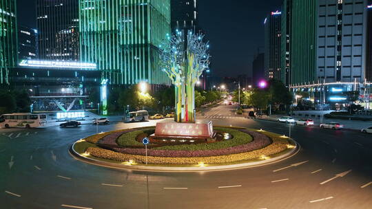 航拍南京江北新区城市道路交通夜景