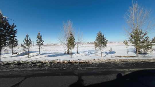 开车行驶在雪后公路 车窗外雪景