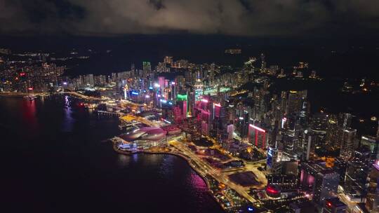 航拍中国香港维多利亚港现代城市夜景