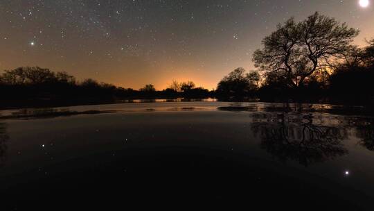 夜晚月光下的湖面 金色的星空 闪烁的星星