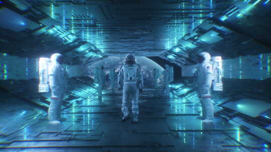 宇航员走在其他宇航员之间在科幻霓虹灯发光视频素材模板下载