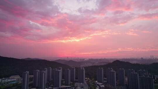 杭州萧山城市日落黄昏风景航拍