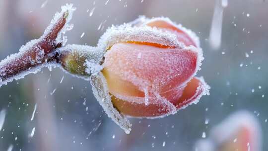 4K冬天树枝花蕊结冰雪景