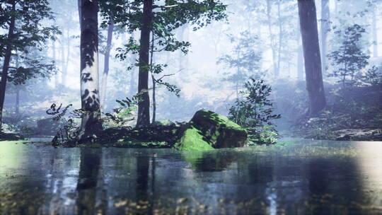 雾森林池塘上的薄雾