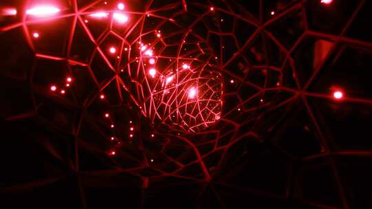 霓虹灯发光移动粒子的网格隧道动画。未来背