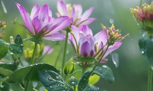 雨后的春日花园，花朵上的雨珠闪闪发光