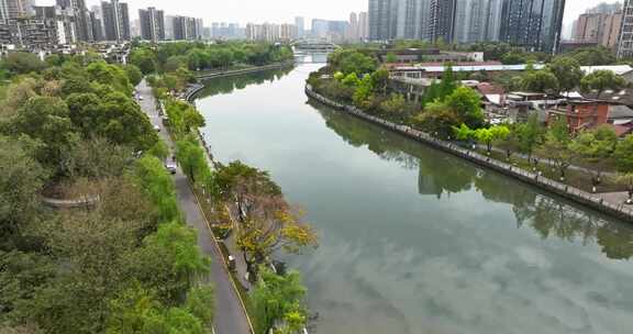 航拍成都东湖公园春天美丽风景绿树成荫