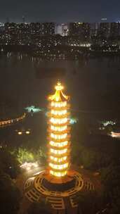 竖屏航拍湖北鄂州莲花山元明塔夜景