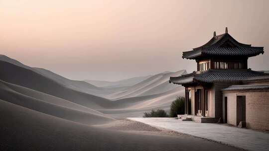 大漠孤烟古建筑伫立于黄沙之上的意境