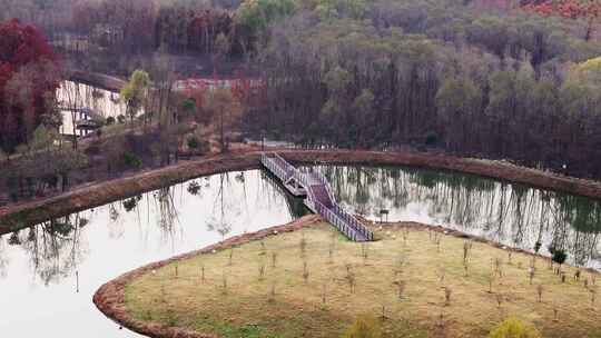 航拍西沙明珠湖景区湿地公园景观桥