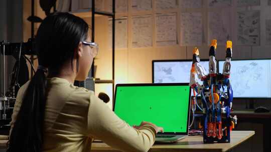 十几岁的亚洲女孩在家里用模拟绿屏设计笔记本电脑上的电子手